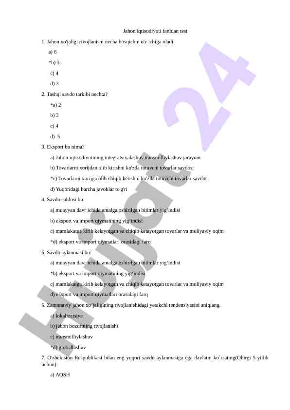 Jahon iqtisodiyoti fanidan test savollari