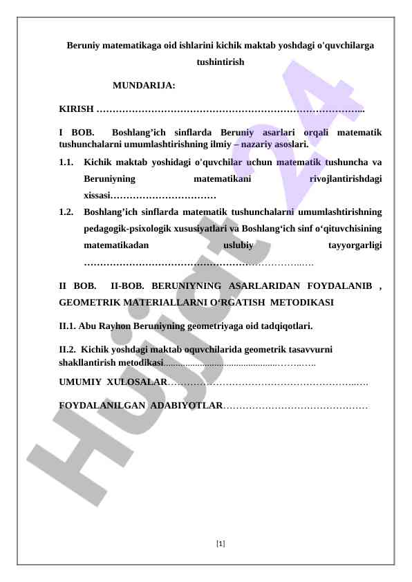 Beruniy matematikasi bo'yicha kichik maktab o'quvchilari uchun