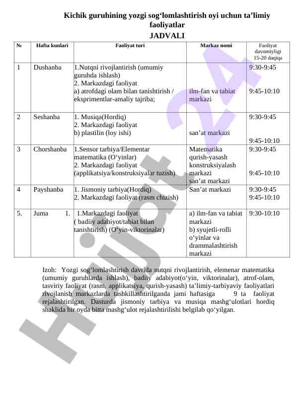 Yozgi sog‘lomlashtirish oyi faoliyatlari jadvali