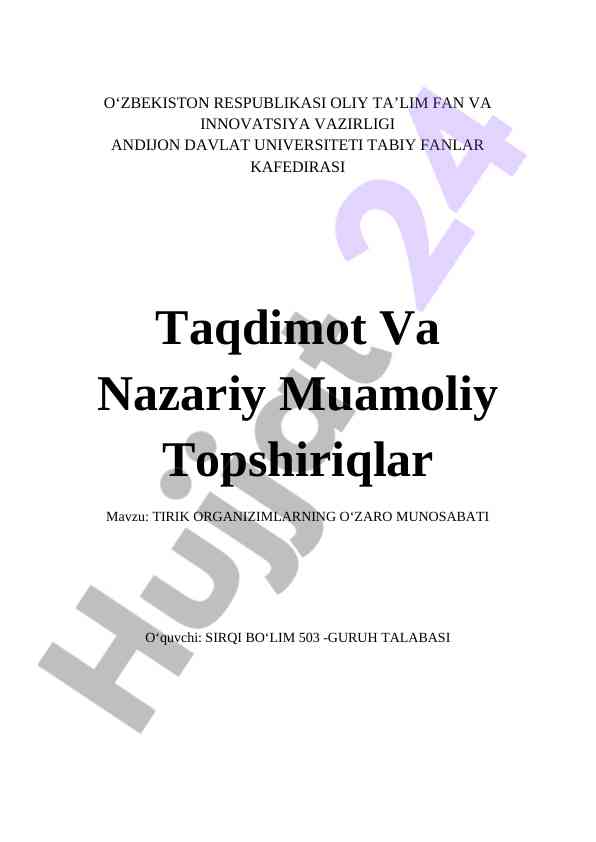 Tirik organizimlarning o'zaro munosabati taqdimoti