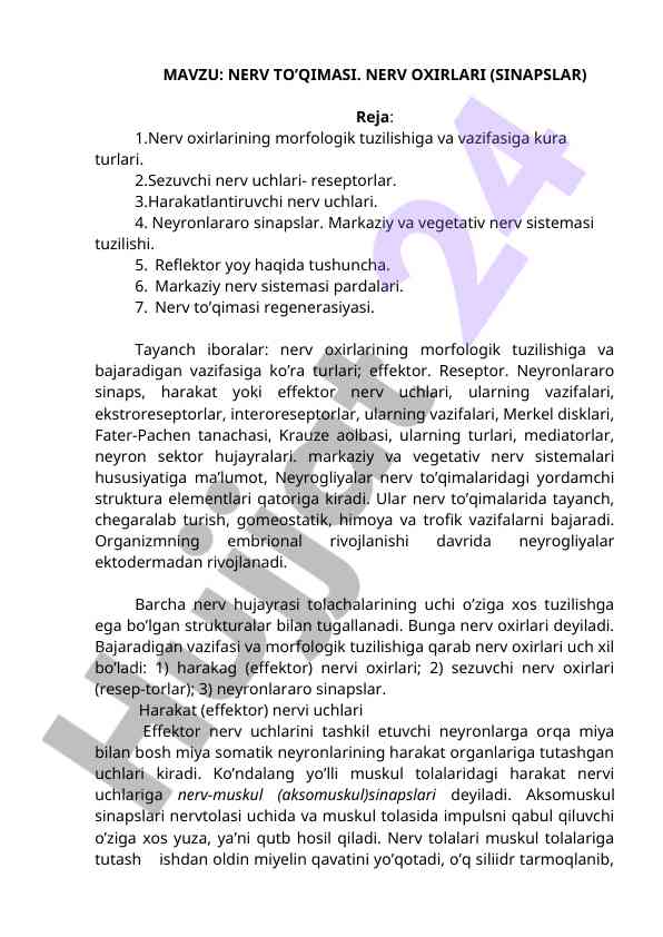 Nerv to‘qimasi va nerv oxirlari morfologiyasi