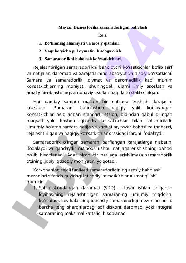 Biznes loyiha samaradorligini baholash