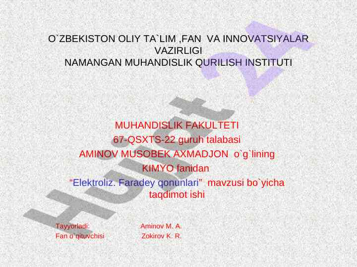 Elektroliz va faradey qonunlari taqdimoti