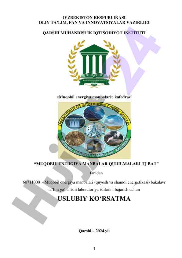 Muqobil energiya manbalari laboratoriya ishlari uslubiy ko‘rsatma