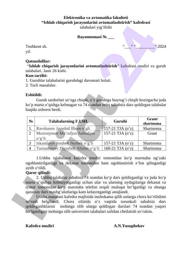 Talabalar yig‘ilishi bayonnomasi 2024 yil