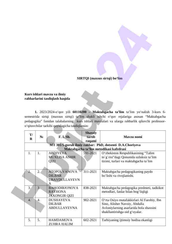 Kurs ishlari mavzu va ilmiy rahbarlari tasdiqlash