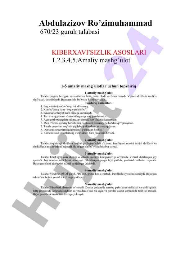 Kiberxavfsizlik asoslari amaliy mashg’ulotlari