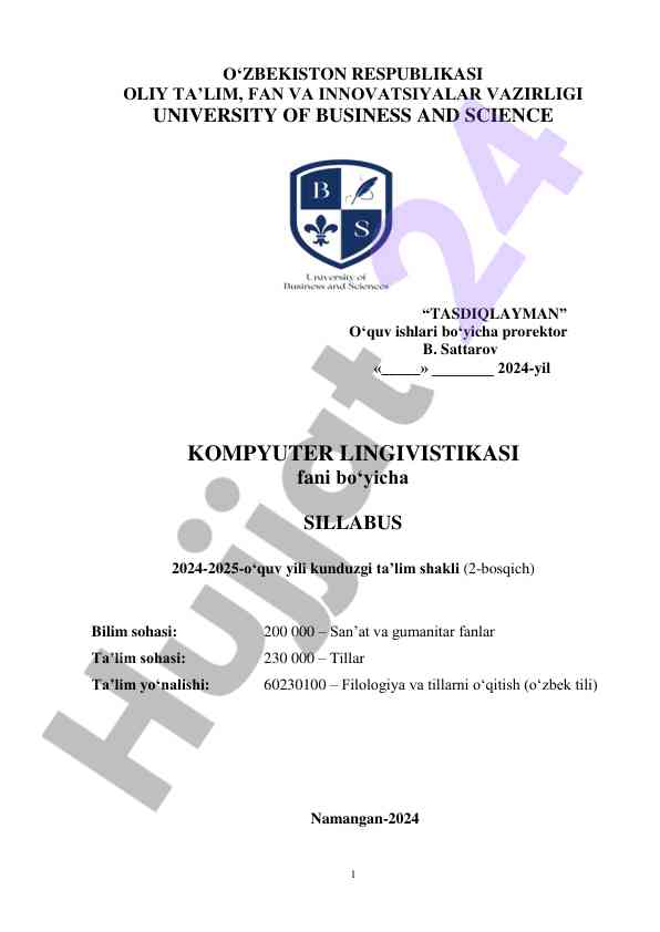 Kompyuter lingvistikasi sillabusi 2024-2025 yil