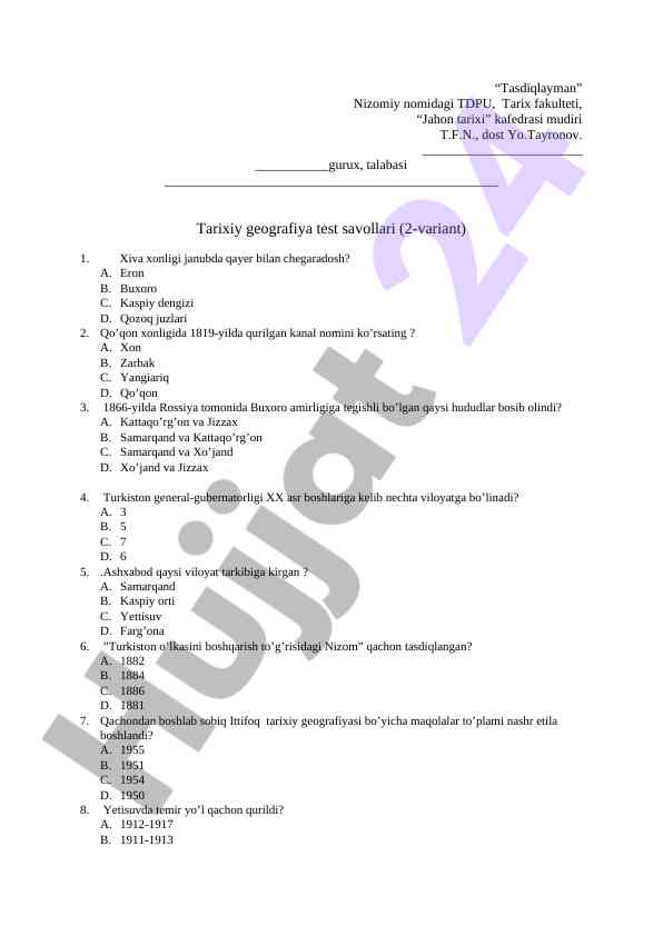Tarixiy geografiya test savollari