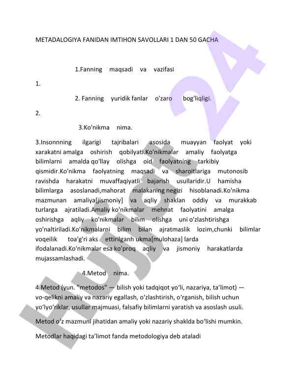 Metadologiya fanidan imtihon savollari 1 dan 50 gacha