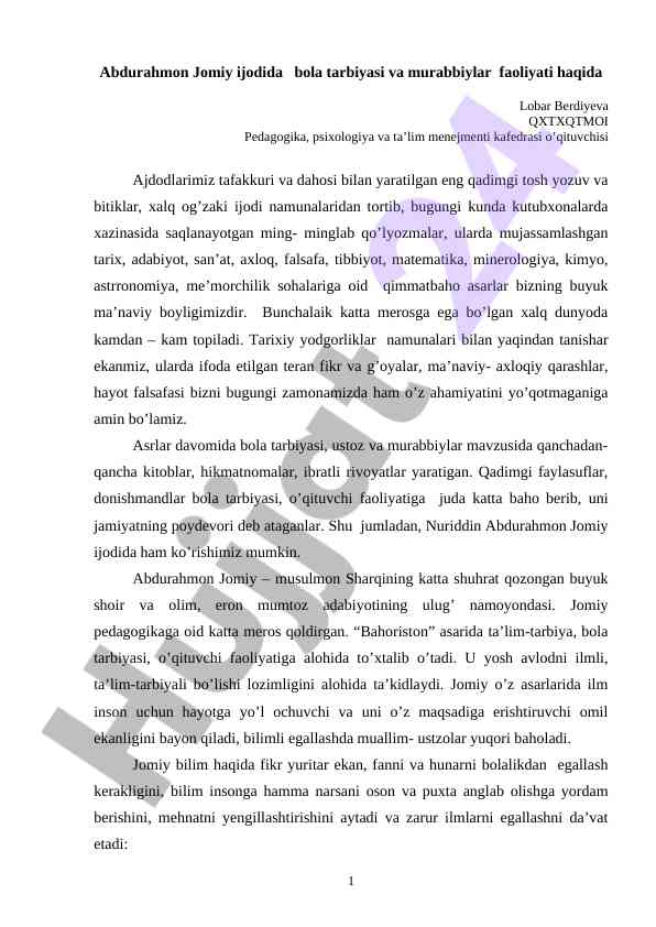 Bola tarbiyasi va murabbiylar faoliyati tahlili