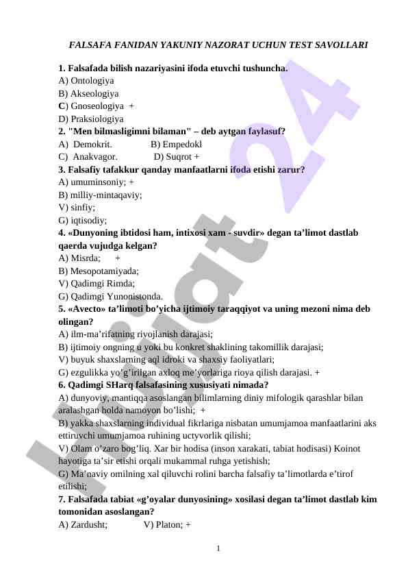 Falsafa fanidan yakuniy nazorat test savollari