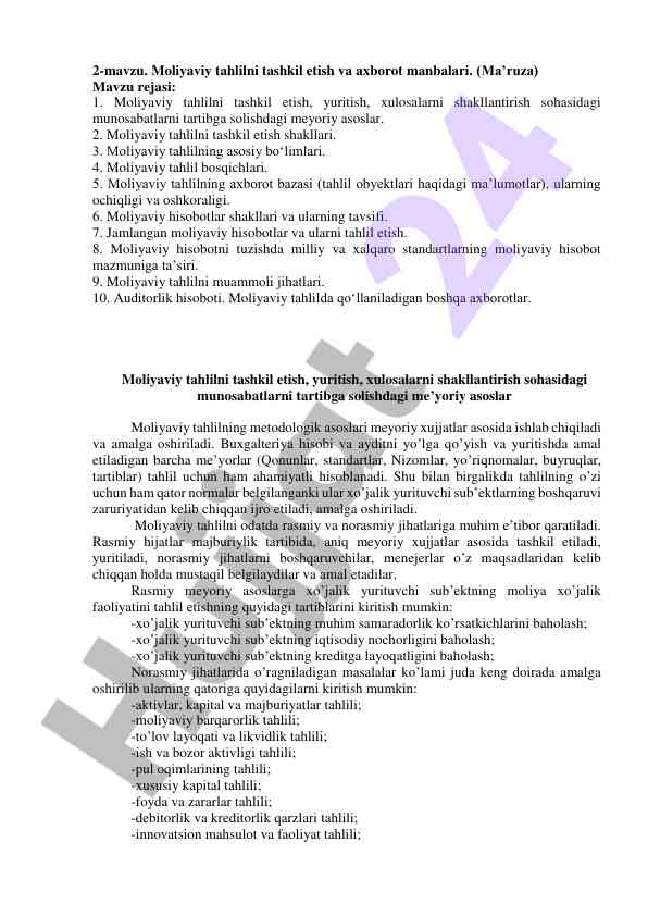 Moliyaviy tahlilni tashkil etish va o‘rganish