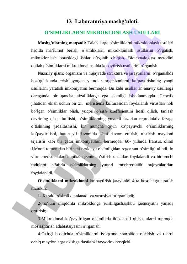 O’simliklarni mikroklonlash usullari haqida ma’lumot