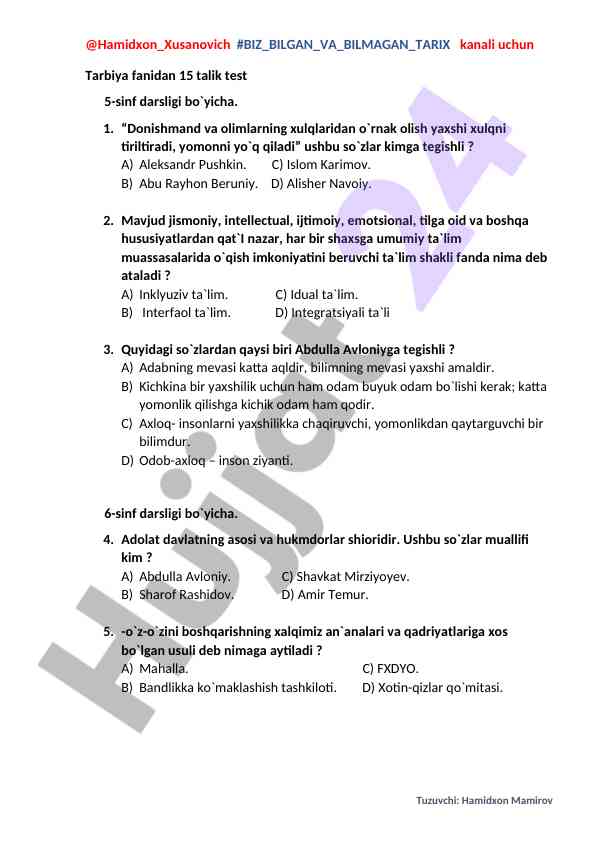 Tarbiya fanidan 15 talik test 5-sinf darsligi