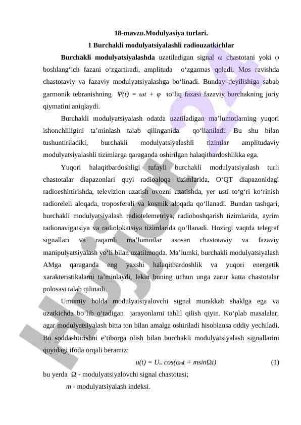 Burchakli modulyatsiyalash turlari va ularning qo‘llanilishi