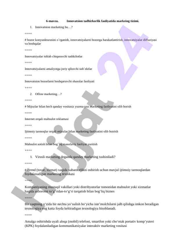 Innovatsion tadbirkorlik faoliyatida marketing tizimi