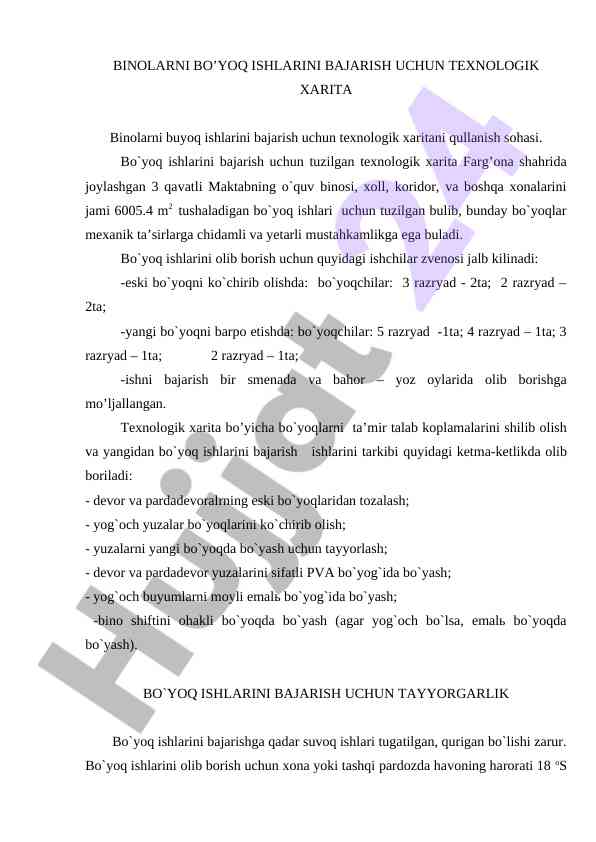 Binolarni bo’yaq ishlari uchun texnologik xarita