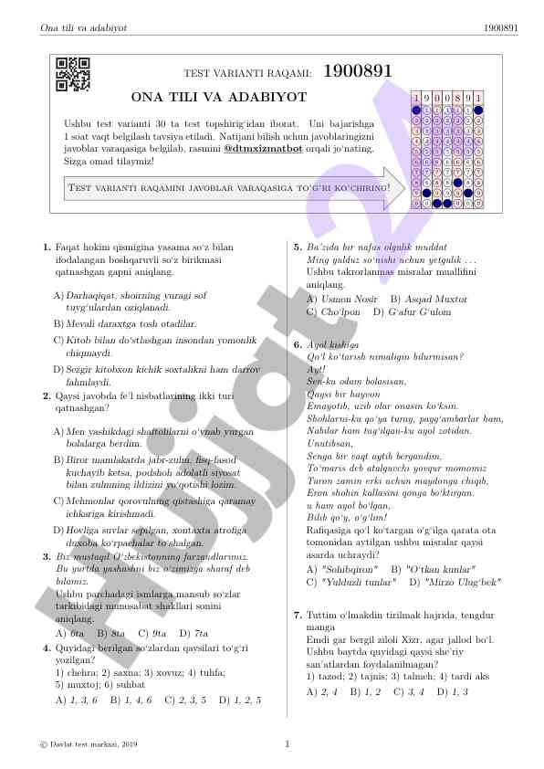 Ona tili va adabiyot test variantlari