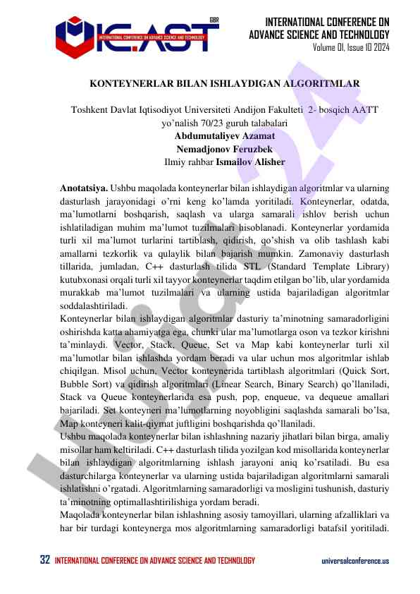 Konteynerlar bilan ishlaydigan algoritmlar