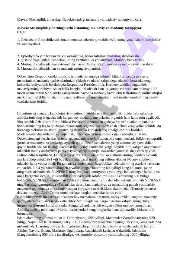 Mustaqillik yillaridagi o'zbekistondagi taraqqiyot