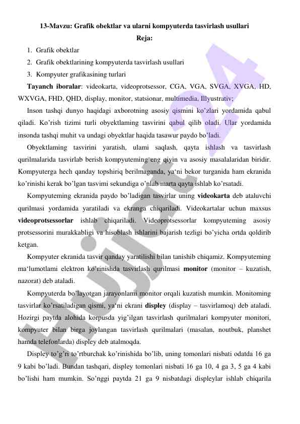 Grafik obektlar va kompyuterda tasvirlash usullari