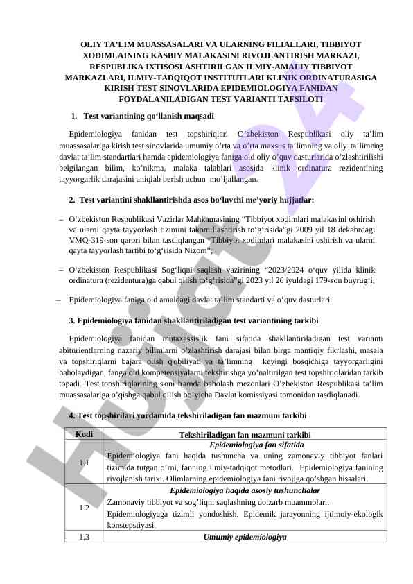 Epidemiologiya fanidan test sinovlari tafsiloti
