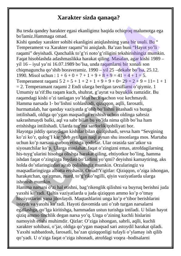 Temperament va xarakter raqamini aniqlash usullari
