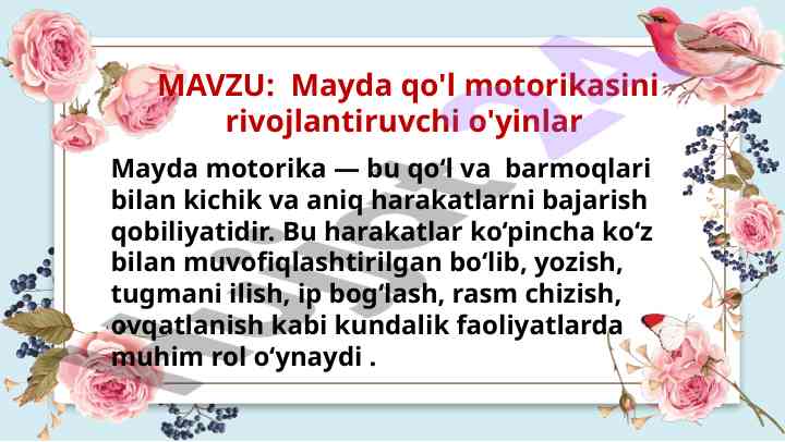 Mayda motorikasini rivojlantiruvchi o'yinlar