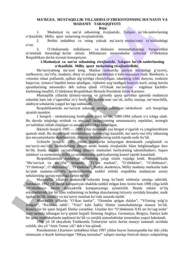 O‘zbekistonning ma’naviy va madaniy taraqqiyoti