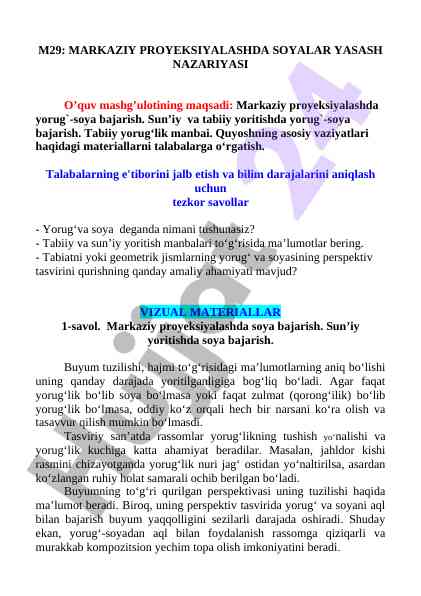 Markaziy proyeksiyalashda soyalar yashash nazariyasi