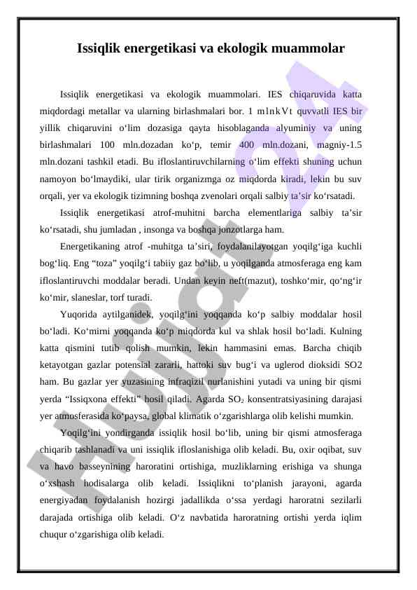 Issiqlik energetikasi va ekologik muammolar