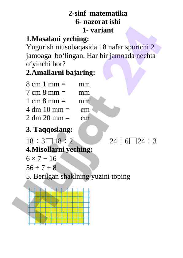 2-sinf matematika nazorat ishi varianti