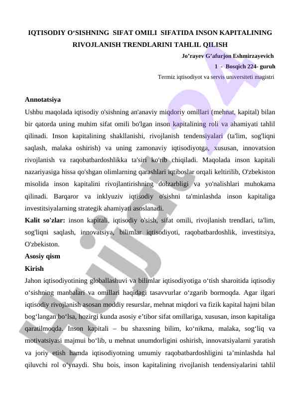 Iqtisodiy o'sishning sifat omili inson kapitali