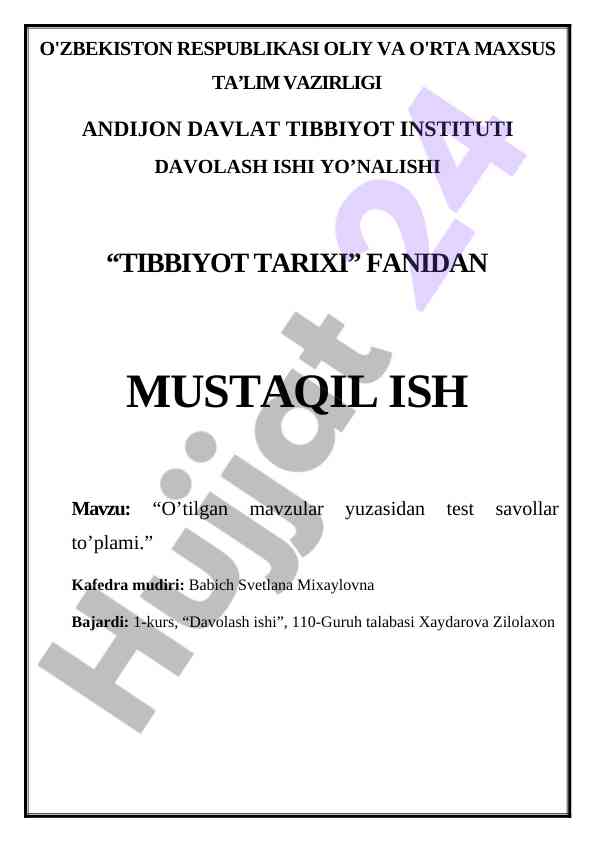 O’tilgan mavzular yuzasidan test savollar to’plami