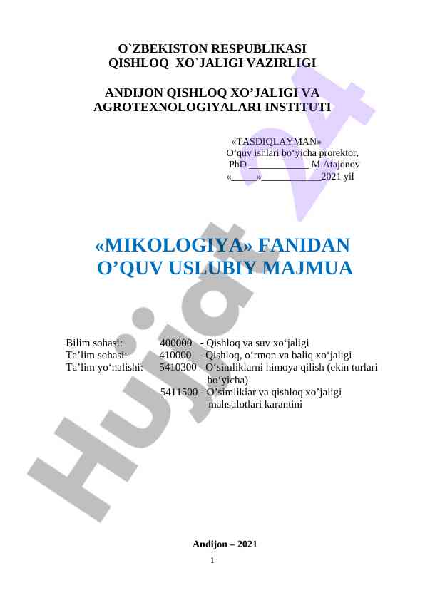 Mikologiya fanidan o‘quv uslubiy majmua
