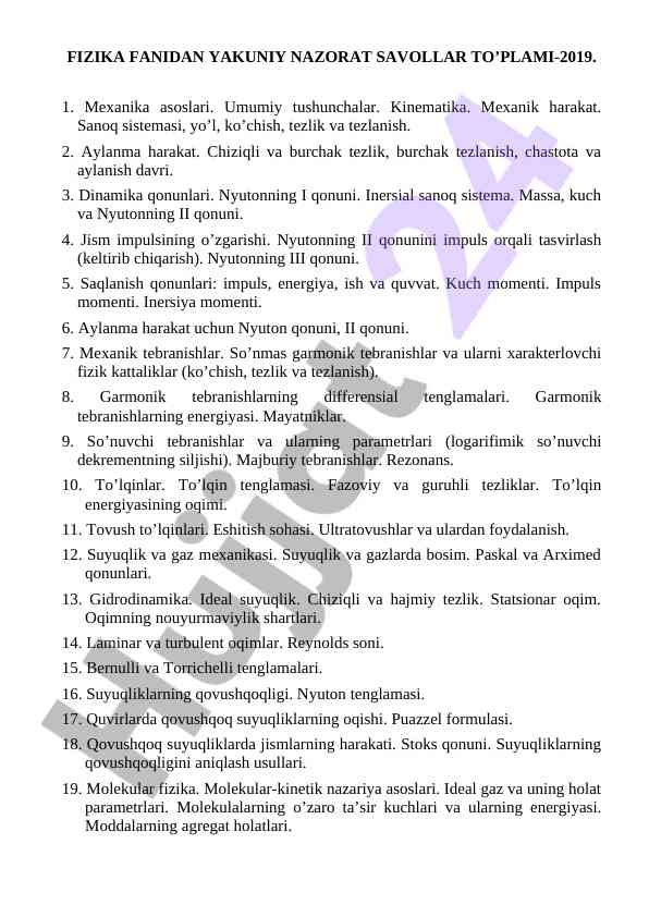 Fizika fani yakuniy nazorat savollari 2019
