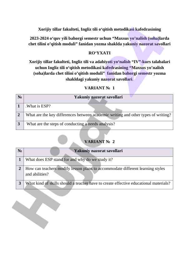 Yakuniy nazorat savollari chet tili o‘qitish moduli