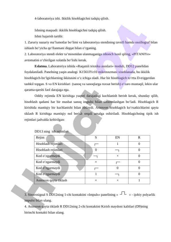 Ikkilik hisoblagichni tadqiq qilish laboratoriya ishlari
