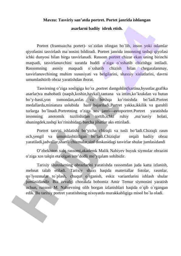 Tasviriy san'atda portretning badiiy idroki