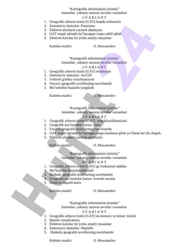 Kartografik informatsion tizimlar nazorat savollari