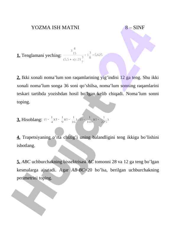 Tenglama va geometriya masalalari 8-sinf