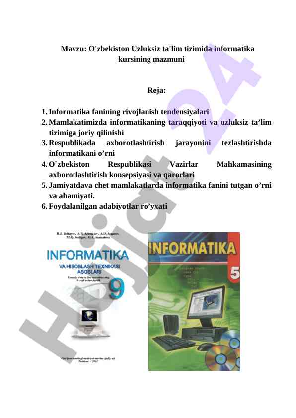 O'zbekistonda informatika kursining mazmuni
