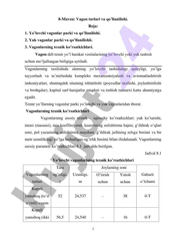 Vagon turlari va qo’llanilishi