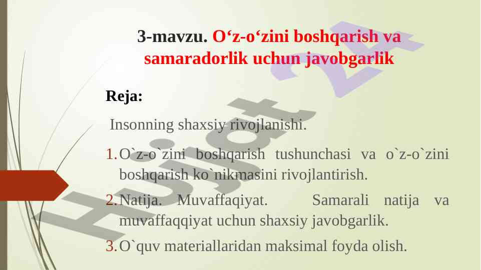 O‘z-o‘zini boshqarish va samaradorlik masalalari