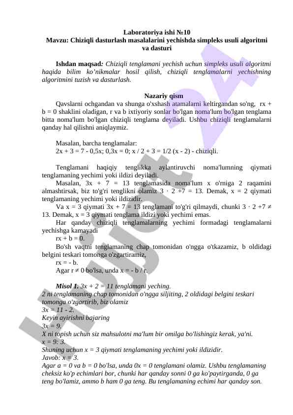 Chiziqli dasturlash masalalari va simpleks algoritmi