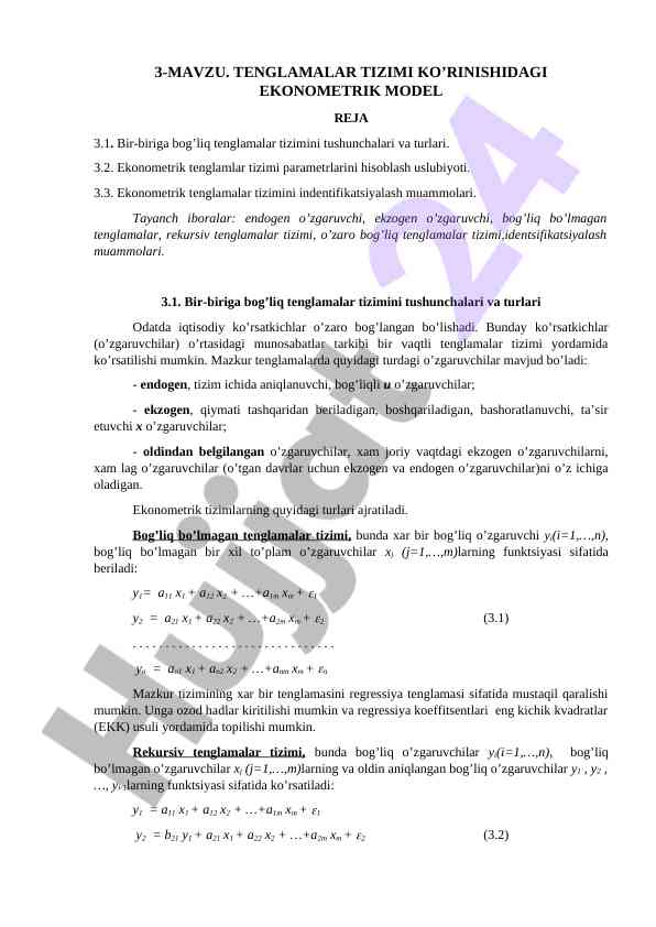 Ekonometrik model tizimlari va parametr hisoblash
