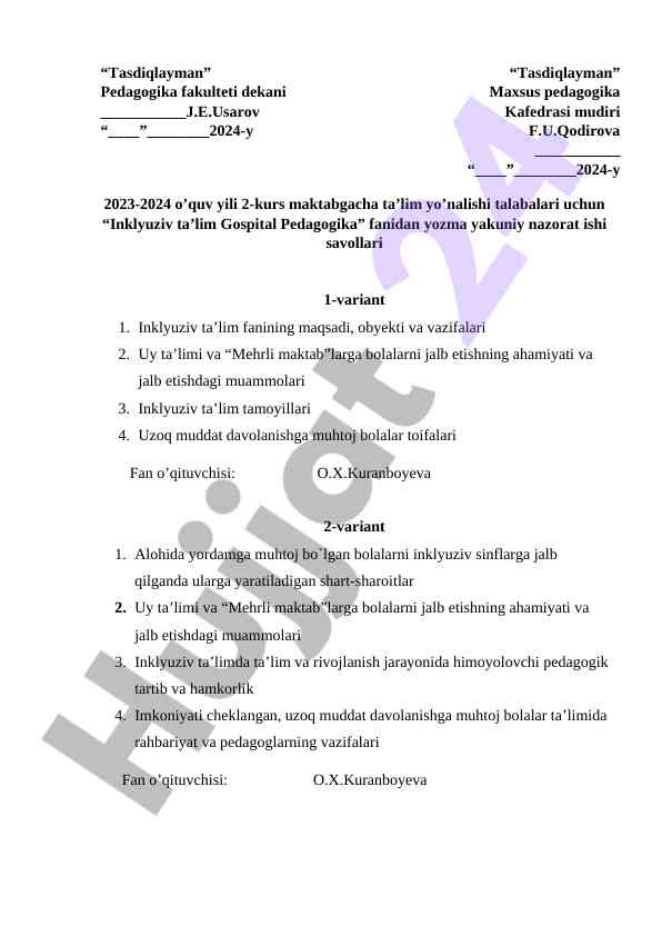 Inklyuziv ta’lim gospital pedagogika savollari