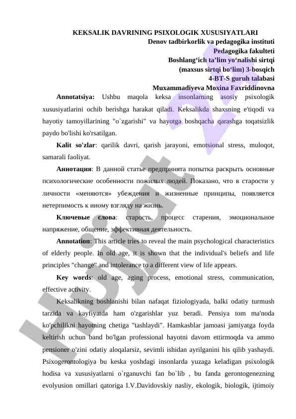 Keksalik davrining psixologik xususiyatlari