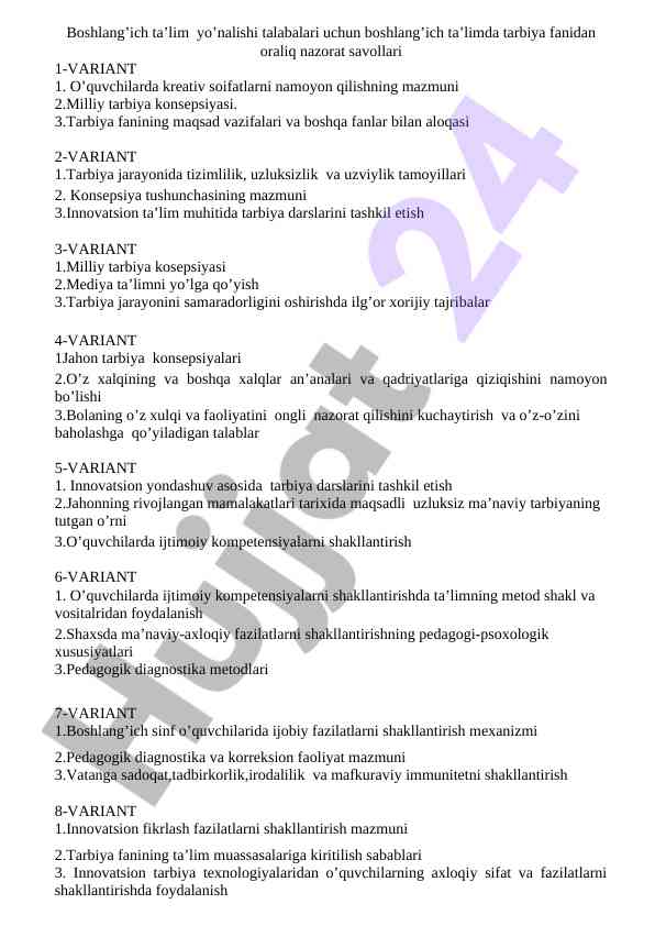 Boshlang'ich ta'limda tarbiya fanidan nazorat savollari